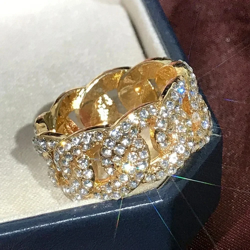 🌸Crystal Zircon Hip Hop Iced Out 18K Gold Plated Mens Diamond Ring, UNVN12381 - Picture 7 of 10